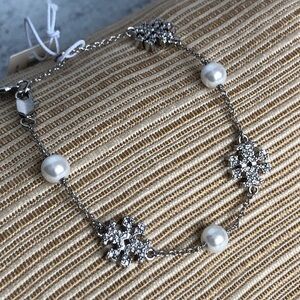 Tory Burch Crystal Faux Pearl Logo Bracelet Silvertone 7.4”